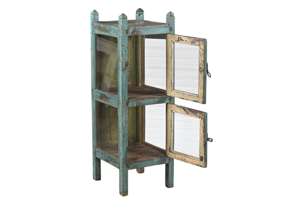 A vintage reclaimed wood glass display side cabinet with an aged turquoise finish and hints of soft green and faded yellow.