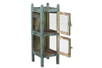 A vintage reclaimed wood glass display side cabinet with an aged turquoise finish and hints of soft green and faded yellow.