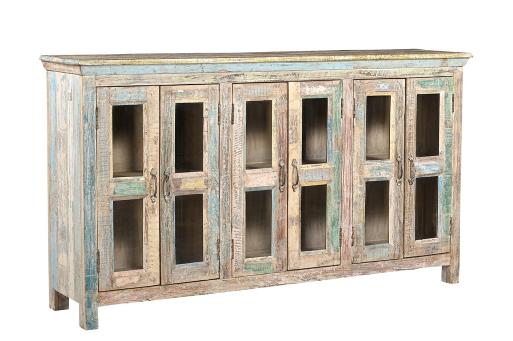 A recycled wood sideboard with glass panels on the doors and a multicolor finish.