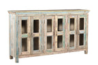 A recycled wood sideboard with glass panels on the doors and a multicolor finish.