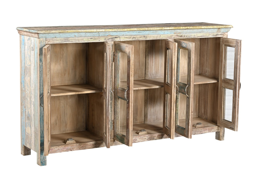 A recycled wood sideboard with glass panels on the doors and a multicolor finish.