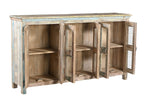 A recycled wood sideboard with glass panels on the doors and a multicolor finish.