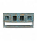 A vintage reclaimed wood glass sideboard with blue and multi-colour hand painted finish, featuring four glass front doors and a long shelf beneath.
