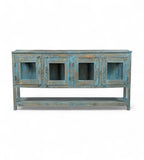 A vintage reclaimed wood glass sideboard with blue and multi-colour hand painted finish, featuring four glass front doors and a long shelf beneath.
