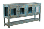 A vintage recycled wood glass sideboard with blue and multi-colour hand painted finish, featuring four glass front doors and a long shelf beneath.