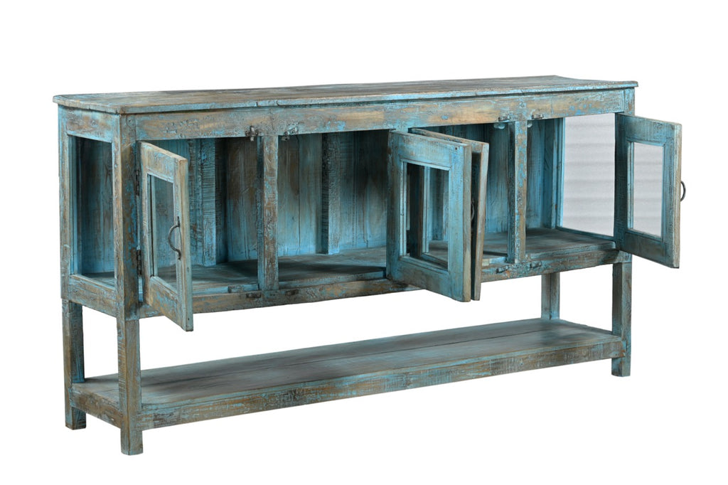 A vintage reclaimed wood glass sideboard with blue and multi-colour hand painted finish, featuring four glass front doors and a long shelf beneath.