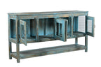 A vintage reclaimed wood glass sideboard with blue and multi-colour hand painted finish, featuring four glass front doors and a long shelf beneath.