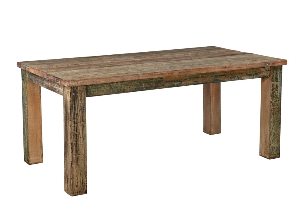A rectangular kitchen dining table made of recycled wood with a rustic patina finish.