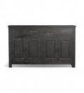 A black, mango wood sideboard with four drawers and a cracked patina finish.