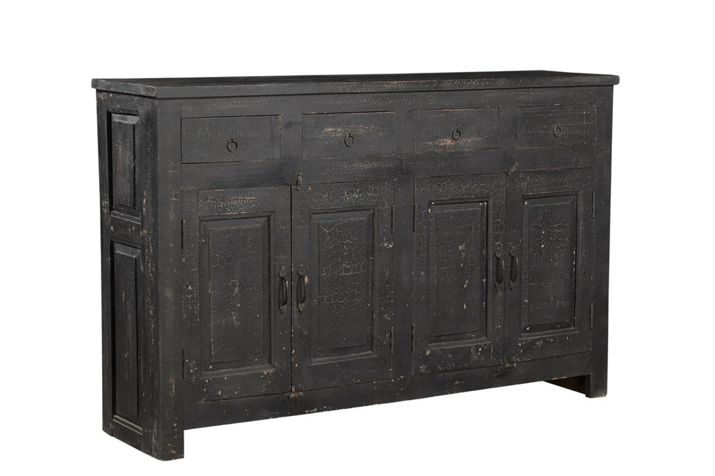 A black, mango wood sideboard with four drawers and a cracked patina finish.