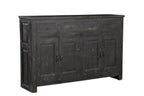 A black, mango wood sideboard with four drawers and a cracked patina finish.