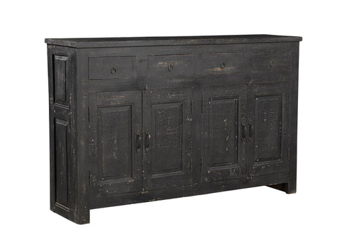 A black, mango wood sideboard with four drawers and a cracked patina finish.