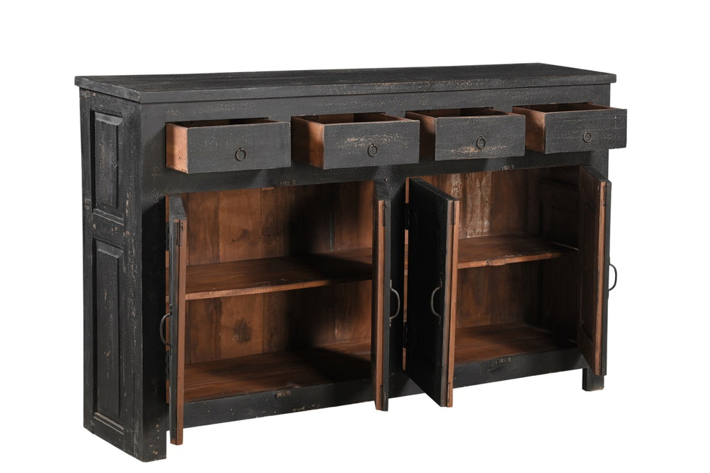 A black, mango wood sideboard with four drawers and a cracked patina finish.