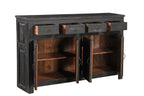 A black, mango wood sideboard with four drawers and a cracked patina finish.