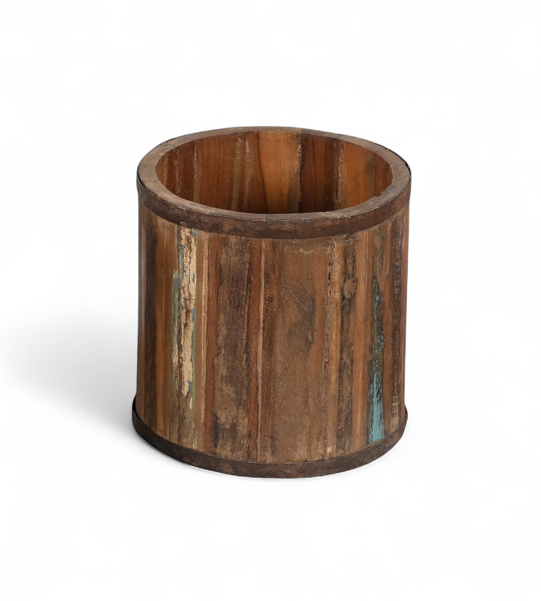 Wooden planter with a multi coloured rustic design.