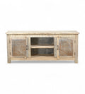A sideboard made of Indian recycled wood with iron sheets on the doors, featuring internal compartments and a shelf.