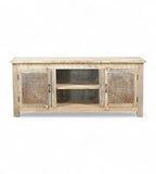 A sideboard made of Indian recycled wood with iron sheets on the doors, featuring internal compartments and a shelf.