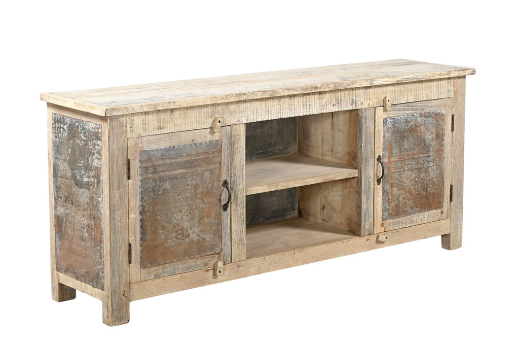 A sideboard made of Indian recycled wood with iron sheets on the doors, featuring internal compartments and a shelf.