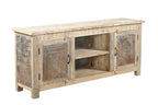 A sideboard made of Indian recycled wood with iron sheets on the doors, featuring internal compartments and a shelf.