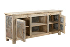 A sideboard made of Indian recycled wood with iron sheets on the doors, featuring internal compartments and a shelf.