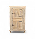 A recycled wood side cabinet with solid doors and forged iron details, featuring a natural wood grain finish.