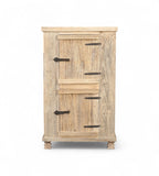A recycled wood side cabinet with solid doors and forged iron details, featuring a natural wood grain finish.