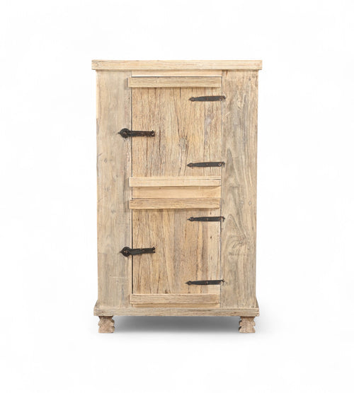 A recycled wood side cabinet with solid doors and forged iron details, featuring a natural wood grain finish.