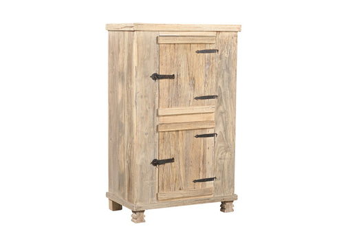 A recycled wood side cabinet with solid doors and forged iron details, featuring a natural wood grain finish.