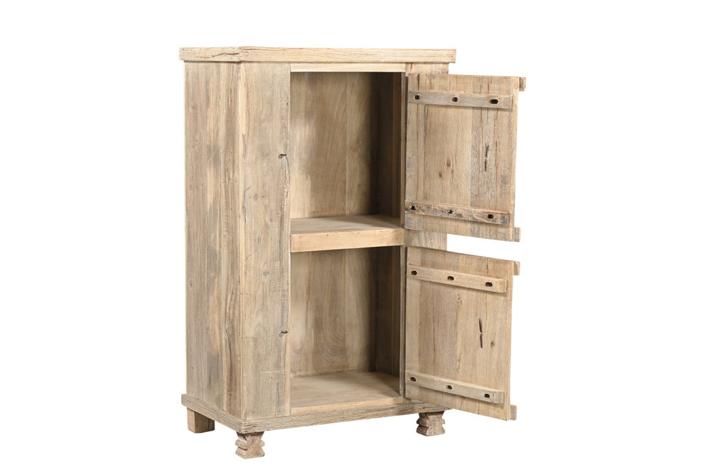 A recycled wood side cabinet with solid doors and forged iron details, featuring a natural wood grain finish.