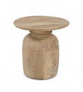 A cylindrical reclaimed wood side table with a natural finish.