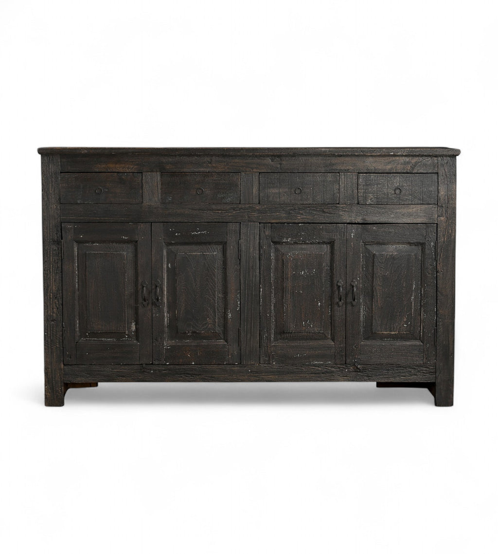 A black reclaimed wood 4-drawer sideboard with four doors and a minimalist design.