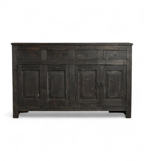A black reclaimed wood 4-drawer sideboard with four doors and a minimalist design.