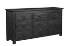 A vintage black teak wood 9-drawer chest of drawers with iron sheets pasted over the front.