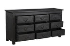 A vintage black teak wood 9-drawer chest of drawers with iron sheets pasted over the front.