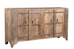 A vintage teak wood sideboard with four panelled doors and hand forged iron pulls.