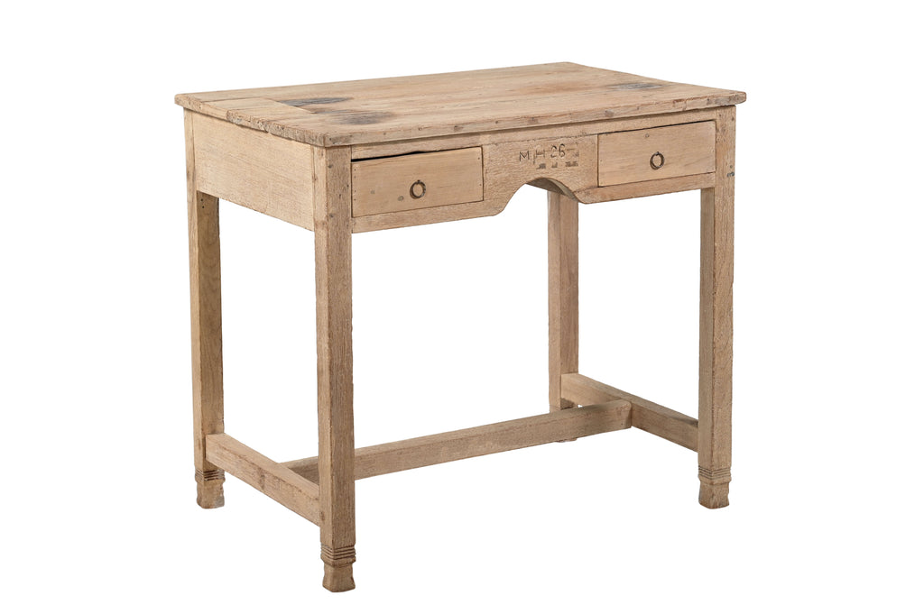 A reclaimed wood 2-drawer writing desk with a warm tone and visible wood grain patterns.
