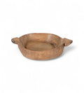 A vintage teak wooden bowl with a smooth finish and handles on the sides.