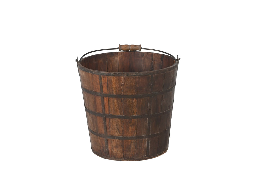 Teak bucket planter with original iron bands 