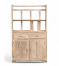 A vintage teak wood display cabinet with glass panel doors and a sun finish.