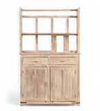 A vintage teak wood display cabinet with glass panel doors and a sun finish.