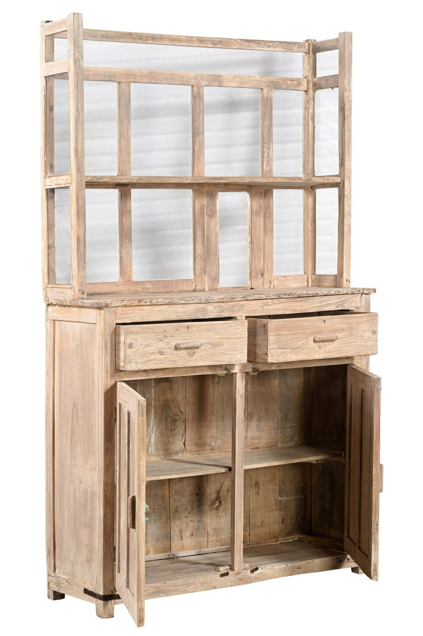 Wooden cabinet with glass panels and open doors