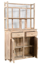 Wooden cabinet with glass panels and open doors