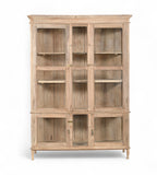 A vintage teak wood glass display cabinet with panelled doors and a sun hand wash finish.