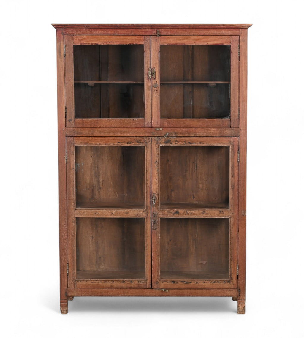 A vintage teak wood glass display cabinet with two sections and a fitted shelf.