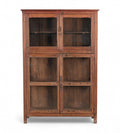 A vintage teak wood glass display cabinet with two sections and a fitted shelf.