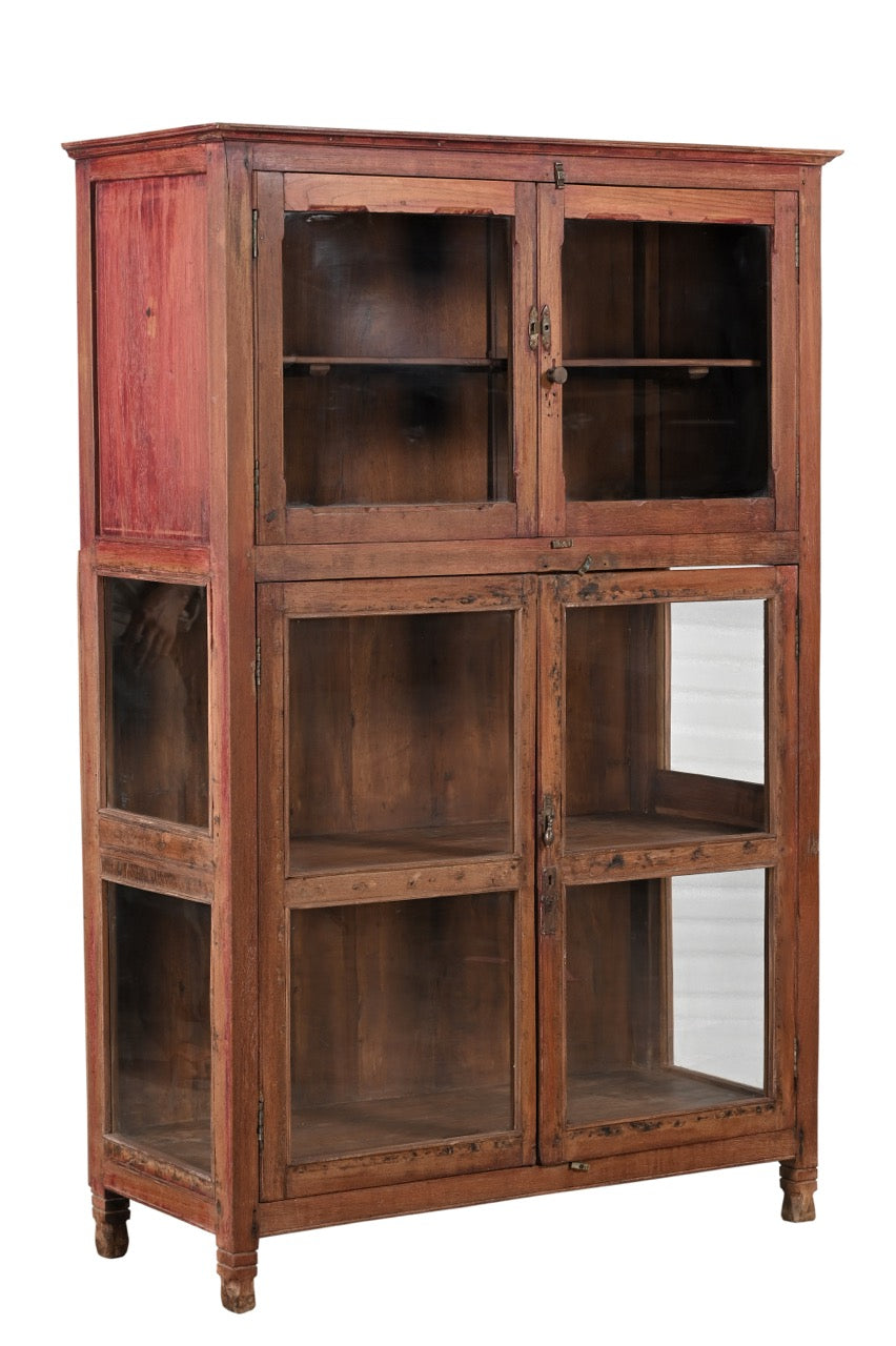 A vintage teak wood glass display cabinet with two sections and a fitted shelf.