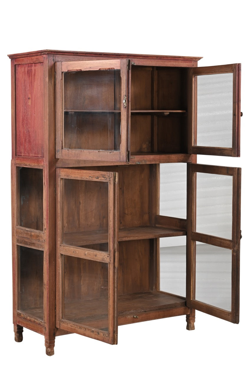 A vintage teak wood glass display cabinet with two sections and a fitted shelf.