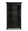 A vintage teak wood glass cabinet with black and brown tones, featuring sliding doors and a timeless design.