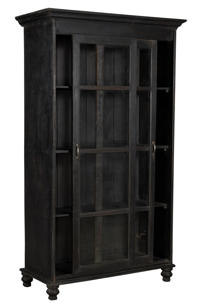 A vintage teak wood glass cabinet with black and brown tones, featuring sliding doors and a timeless design.