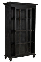 A vintage teak wood glass cabinet with black and brown tones, featuring sliding doors and a timeless design.